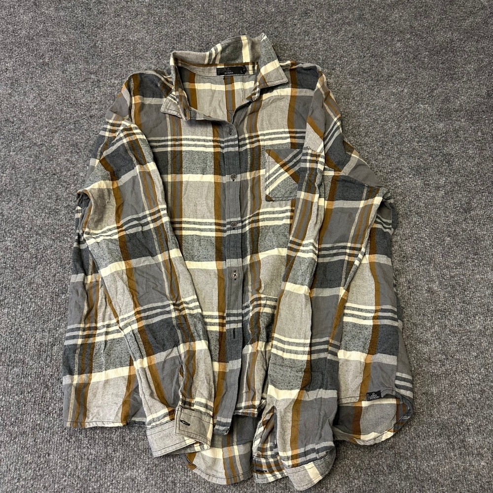 prAna Button Down Shirt Womens Size L Grey Brown Plaid Long Sleeve Casual Pocket
